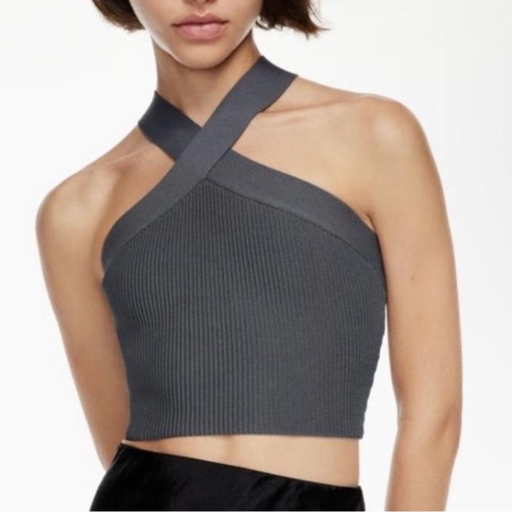Babaton Charcoal Ribbed Cross Halter Crop Top